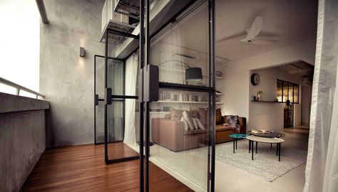 G Maisonette, Singapore by 0932 | Yelowtrace Transparent Doors, Industrial Concept, Air Well, Sliding Drawers, Balcony Flooring, Balcony Doors, Living Hall, Interior Design Singapore, Beautiful Interior Design