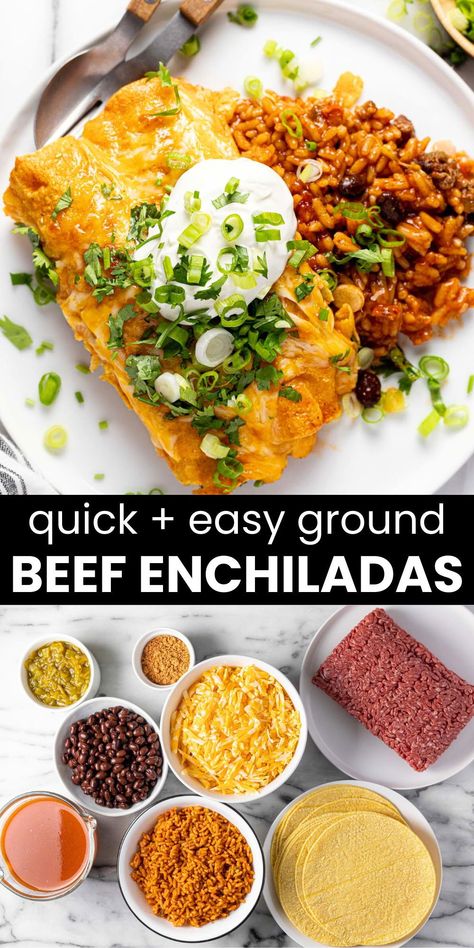 These ground beef enchiladas are quick, easy, and delicious! Seasoned ground beef, black beans, green chilies, and plenty of melty cheese are nestled inside corn tortillas and smothered with enchilada sauce and even more cheese. The best part is they’re baked on a bed of rice so you’ve got a complete meal all in one pan! Healthy Beef Enchiladas, Green Enchilada Recipe, Enchiladas Beef, 30 Minute Meals Chicken, Easy Beef Enchiladas, Ground Beef Enchiladas, Cheesy Chicken Enchiladas, Black Bean Enchiladas, Creamy Chicken Enchiladas