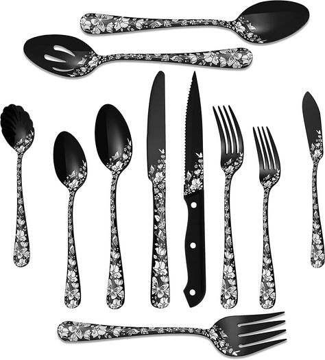 Stapava 77-Piece Black Silverware Set for 12, Plus Steak Knife & Serving Set, Stainless Steel Flatware Cutlery Set, Mirror Eating Utensils Tableware with Butterfly Flower Laser, Dishwasher Safe Black Silverware, Black Utensils, Flower Kitchen, Fork Spoon Knife, Black Flatware, Design Mirror, Flatware Sets, Spoon Knife, Eating Utensils