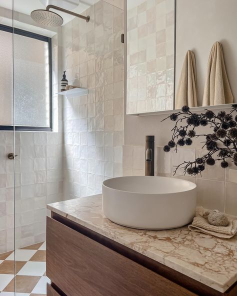 The warm tones of this space make this ensuite bathroom so inviting. I am loving the checker board floor with our antique brass taps and the natural stone on the vanity ❤️❤️❤️ Checkered Bathroom Wall, Checker Floor Bathroom, Warm Toned Bathroom, Checkered Bathroom, Modern Coastal Design, Coastal Design Style, Brass Taps, Cabinetry Hardware, Checkerboard Floor