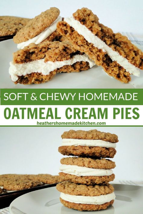 Homemade Oatmeal Cream Pies are made with soft and chewy oatmeal cookies sandwiched with a sweet and creamy filling. A great sweet treat everyone you know will love! Cream Pie Filling Recipes, Easy Oatmeal Cream Pies, Recipe For Oatmeal Cream Pies, Oatmeal Cream Pie Filling Recipe, Oatmeal Raisin Cream Pies, Healthy Oatmeal Cream Pies, Oatmeal Woopy Pie Recipe, Oat Meal Cream Pies, Oatmeal Creme Pie Recipe