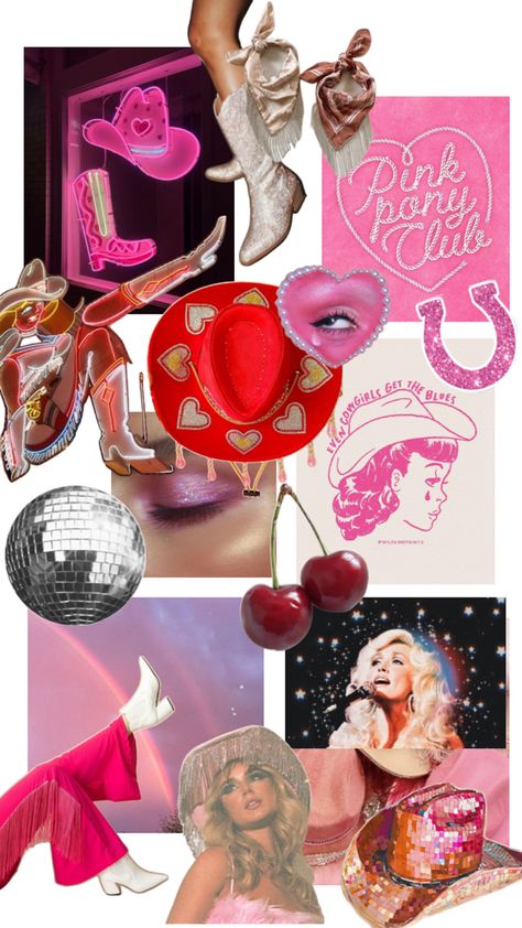 Glitter disco cowgirl aesthetic Red Disco Cowgirl, Cowgirl Disco Aesthetic, Disco Rodeo Inspo 🪩, Glitter Cowgirl Aesthetic, Hootenanny Party, Pink Pony Club Aesthetic, Glamour Cowgirl, Space Cowgirl Aesthetic, Acl Fits