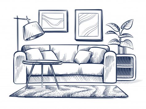 Room Doodle, Sketch Living Room, Couch Lamp, Doodle House, Croquis Architecture, Home Black And White, Interior Design Sketchbook, Drawing Furniture, Drawing Home