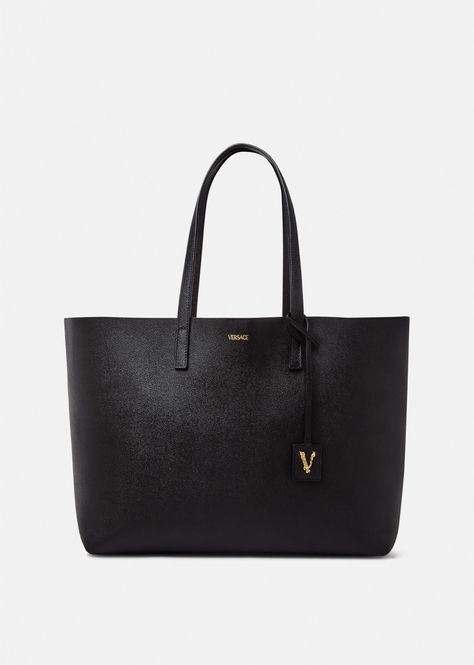 Versace Women's Virtus Tote Bag in black | Versace US Black Versace Bag, Versace Tote Bag, Versace Bag, Luxury Tote Bags, 2022 Style, Keychain Charm, Designer Totes, Leather Keychain, Retail Therapy