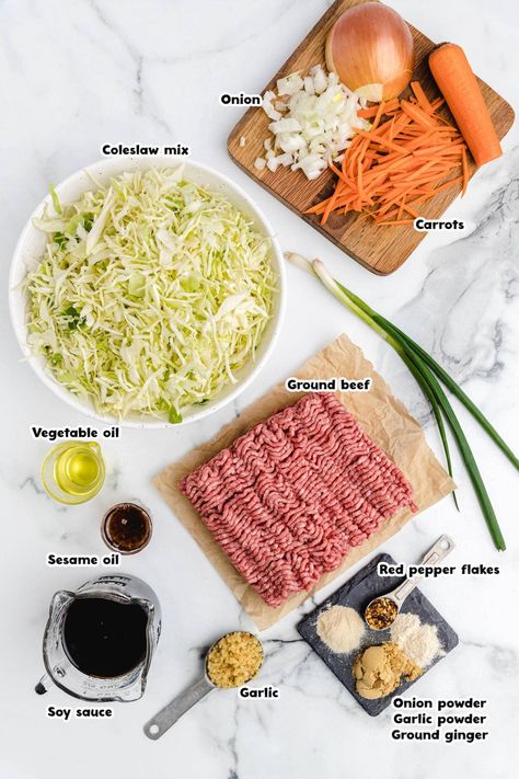 egg roll in a bowl ingredients Bowl Ingredients, Eggroll In A Bowl, Egg Roll In A Bowl, Chinese Cooking Recipes, Egg Roll Recipes, Coleslaw Mix, Egg Roll, Bowl Recipe, Asian Flavors