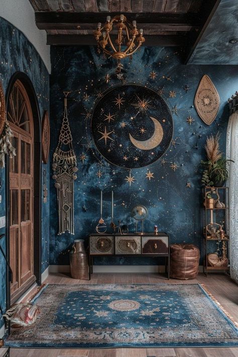 Celestial Reading Nook, Celestial Wall Decor, Cool Entryway Ideas, Astrology Themed Room, Celestial House Decor, Moon Interior Design, Blue Celestial Aesthetic, Room Decor Blue Walls, Mystic Interior