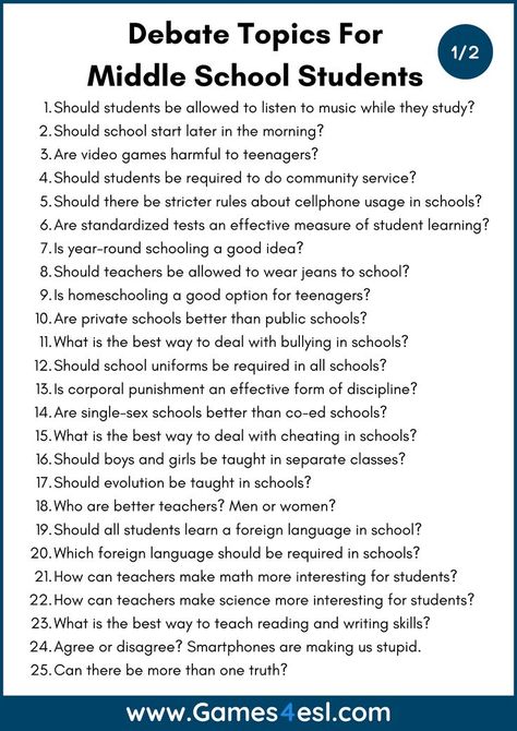 Teaching debate to middle school students? Need debate topics? check out these 50 debate topics for middle school students. Research Topics For Middle School, Good Debate Topics, Topics To Debate About, Topics For Essay, Essay Prompts Middle School, Tips For Debate, Debate Questions Funny, Debate Questions High School, Public Speaking Middle School