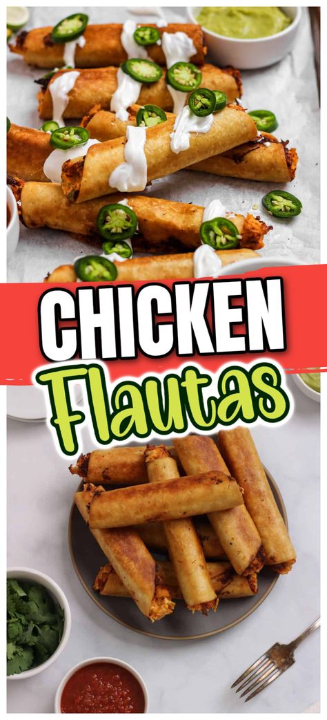 If you're in the mood for a delicious and crispy Mexican appetizer, look no further than these chicken flautas! Rolled tortillas are filled with tender, shredded chicken, savory spices, and melted cheese, then deep-fried until golden and crispy. Rolled Taquitos, Chicken Flautas Recipe, Deep Fried Tacos, Flautas Recipe, Mexican Appetizer, Chicken Flautas, Mexican Appetizers, Mexican Dessert Recipes, Home Meals