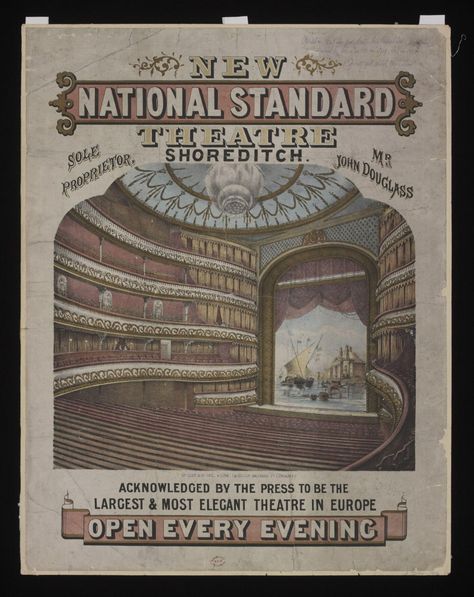 Poster advertising The New Standard Theatre, Shoreditch, 1867 | V&A Explore The Collections Old Theatre Posters, Vintage Theatre Poster, 1920s Theatre, Musical Theatre Posters, The 39 Steps, 39 Steps, Theatre Posters, Tent Party, Theater Poster