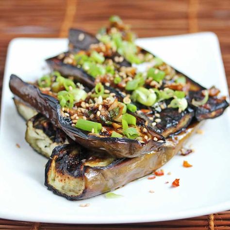 Asian Grilled Eggplant with Soy Sesame Sauce Recipe - Food Network Summer Fest - Jeanette's Healthy Living Healthy Eggplant Recipes, Eggplant Recipes Healthy, Healthy Eggplant, Farm Fresh Recipes, Roasted Eggplant, Sesame Sauce, Grilled Eggplant, Eggplant Recipes, Main Course Recipes