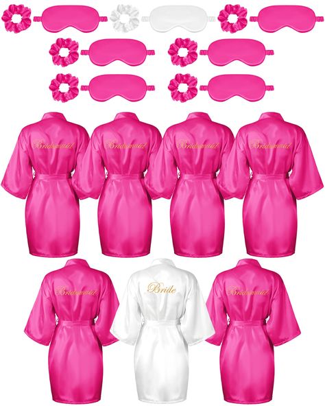 PRICES MAY VARY. Nice Combination Set: the package comes with 7 pieces of bridal party robes, including 1 bride embroidered robe and 6 bridesmaid robes, each gown comes with a matching eye mask and hair tie set in the same color, sufficient in quantities and styles to meet your requirement of using Soft and Comfortable: the bridesmaids robes, eye mask and hair ring are all made of quality satin fabric, which is soft and skin friendly; The inside of the eye mask is filled with 180 grams of silk c Embroidered Robe, Women Birthday Party, Bridesmaids Robes, Sleeping Eye Mask, Berry Wedding, Satin Robes, Embroidered Robes, Woman Birthday Party, Quinceanera Themes