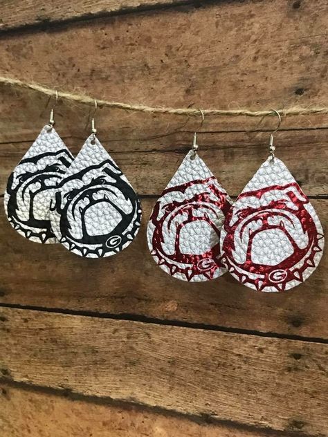 Faux leather Georgia Bulldog earrings Football Faux Leather Earrings, Georgia Bulldog Earrings, Georgia Earrings, Vinyl Jewelry, Earrings Cricut, Cricut Leather, Cricut Jewelry, Faux Earrings, Silhouette Earring