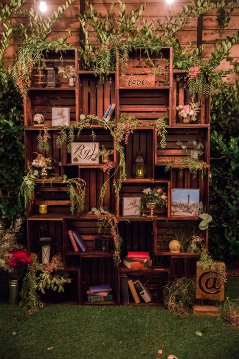 Crate Wall used as a backdrop/“alter” in our wedding! #rnjsbigday Wooden Crate Backdrop, Crate Wall Display, Crate Backdrop, Wood Crate Wall, Wedding Ceremony Diy, Candle Booth, Wooden Crates Wedding, Crate Wall, Highland Park Los Angeles