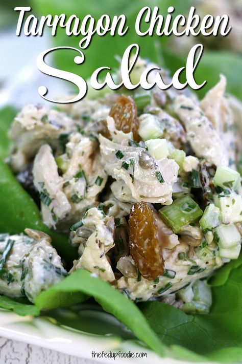 This homemade Tarragon Chicken Salad recipe has shredded chicken, a savory dressing, golden raisins and the fresh licorice taste of tarragon. With great textures and easy preparation, this salad is perfect for packed work lunches or simple dinners.  #ChickenSalad #ChickenSaladRecipe #ChickenSaladSandwich #HowToMakeChickenSalad #EasyChickenSalad https://www.thefedupfoodie.com Tarragon Salad, Chicken Avocado Sandwich, Tarragon Recipes, Tarragon Chicken Salad, Tarragon Chicken, Boiled Chicken Breast, Simple Dinners, Best Sandwich Recipes, Easy Chicken Salad