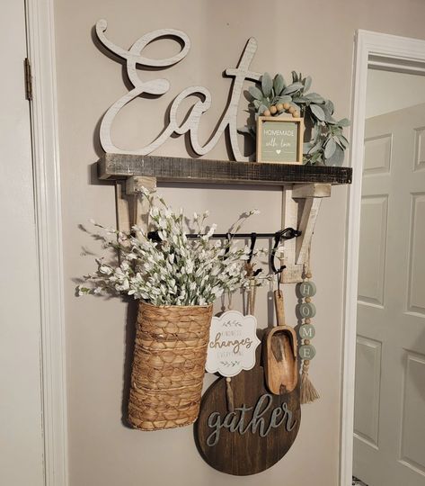 Farmhouse Shelves Decor, Farmhouse Kitchen Inspiration, Diy House Renovations, Kitchen Decor Wall Art, Farmhouse Kitchen Design, Farmhouse Dining Room, Cabinet Decor, Country Farmhouse Decor, Farmhouse Kitchen Decor