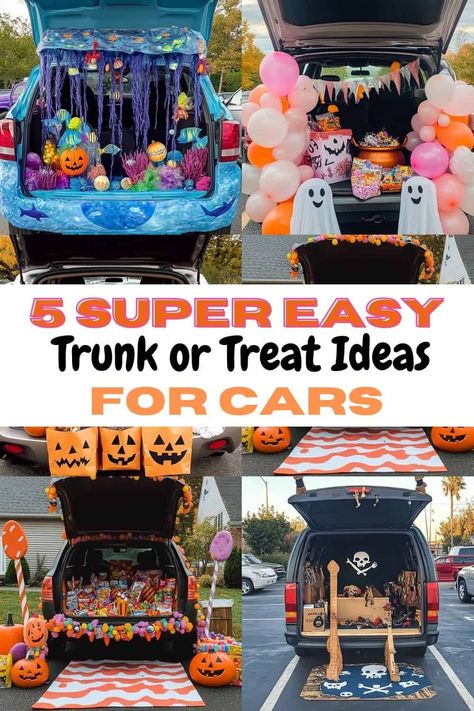 Four cars in a parking lot that are decorated with candy for Halloween trunk and treat party. Trunk Or Treat Ideas For Van, Nursing Survival Kit, Easy Trunk Or Treat, Creative Decoration Ideas, Halloween Car Decorations, Church Trunk, Trunker Treat Ideas, Trunk Or Treat Ideas, Creative Decoration