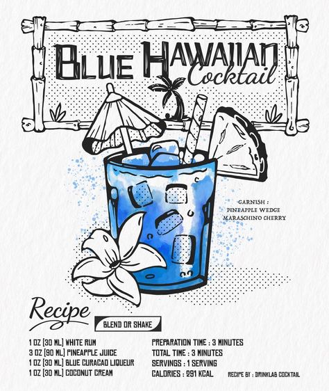 Maraschino Cherries Recipes, Blue Hawaiian Cocktail, Recipes With Coconut Cream, Blue Curacao Liqueur, Hawaiian Cocktails, Cocktail Illustration, Cherry Recipes, Blue Curacao, White Rum