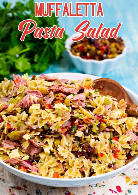 Muffaletta Pasta Salad recipe Muffaletta Pasta Salad, Muffaletta Pasta, Muffuletta Salad, Lsu Tailgate, Muffaletta Recipe, Muffuletta Recipe, Lunches To Take To Work, Noodles And Dumplings, Princess Tiana Birthday Party