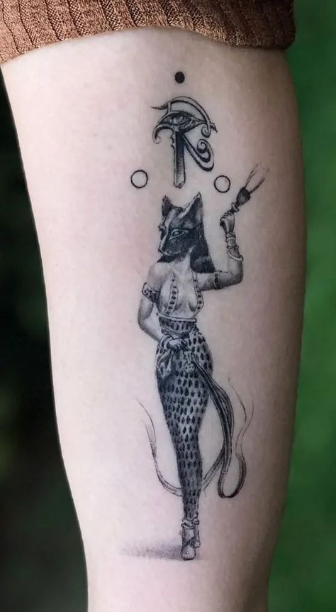 Ma'at Tattoo, Bast Tattoo, Egyptian Goddess Tattoo, Bastet Tattoo, Istanbul Tattoo, Egypt Tattoo Design, Egyptian Cat Tattoos, Mysterious Tattoo, Tattoo Meanings