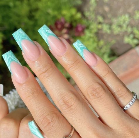 Acrylic Nail Designs Turquoise, Teal French Tip Nails Coffin, Teal French Tip Nails, Euphoria Nails, Unghie Sfumate, Spring Acrylic Nails, Formal Nails, Blue Acrylic Nails, Blush Nails