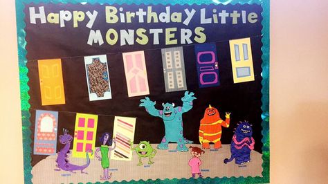 Monsters Inc. October Birthday Board Monster Theme Bulletin Board Ideas, Disney Classroom Birthday Board, Disney Birthday Bulletin Board Ideas, October Birthday Board, Preschool Birthday Board, Kindergarten Teacher Classroom, Kiddie Academy, Monster University Birthday, Monster Theme Classroom