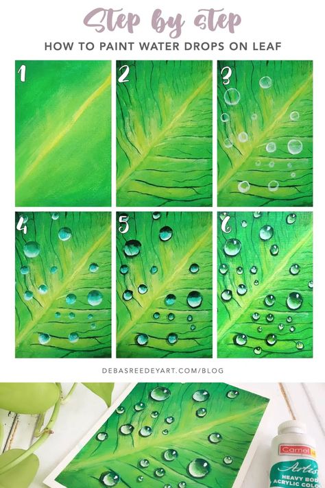 Paint Water Drops on a Leaf: A Captivating Step-by-Step Tutorial for Realistic Effects - Debasree Dey Art How To Paint A Water Drop, Leaf On Water, Acrylic Painting Water, Water Droplets Art, Water Drop On Leaf, Painting Water Lilies, How To Paint Water, Watercolour Water, Drawing Scenery