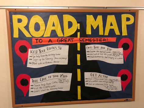 Road and travel themed RA bulletin board with tips for a great semester Hotel Bulletin Board Ideas, Male Ra Bulletin Boards, Road Trip Bulletin Board, Ra Bulletin Board Ideas Spring, New Semester Ra Bulletin Board, Residence Hall Bulletin Boards, Ra Travel Theme Bulletin Boards, Map Bulletin Board Ideas, New Semester Bulletin Board