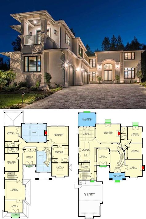 Stunning exterior of the luxury mansion showing its brick stone walkway & tall arch above the beautiful main doors. Find it in this 2 story European house plan with 4 bedrooms and 4.5 bathrooms. See more of the Mediterranean & elegant interior design of this luxurious European house. View the full floor plan and get the blueprint at: https://www.architecturaldesigns.com/house-plans/exquisite-italianate-house-plan-23749jd?cjevent=da2a1c08811211ea8359014d0a18050f  #blueprint #floorplan #2story Luxury House Floor Plans, Casas The Sims Freeplay, House Plans 2 Story, 6 Bedroom House Plans, Pelan Rumah, House Plans Mansion, Mediterranean House Plans, Two Story House Plans, European House Plans