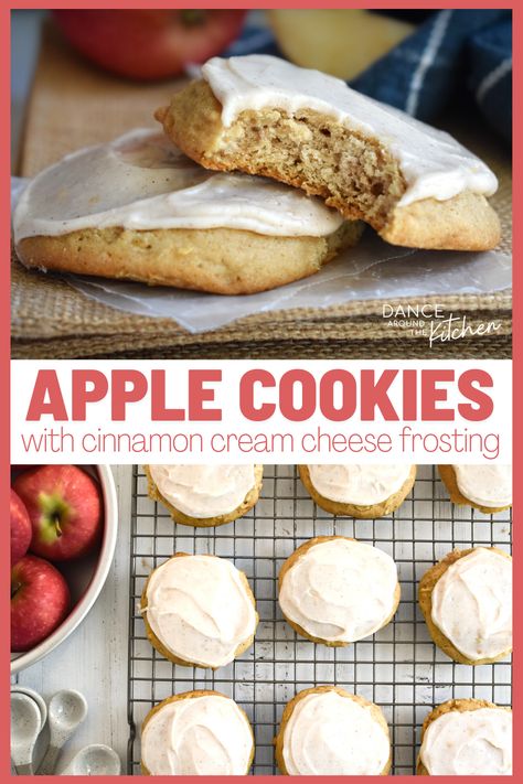 These Apple Cookies are the perfect afternoon snack or dessert on-the-go. They’re soft, sweet, full of apples and topped with a smooth cinnamon cream cheese frosting!   #Apples #AppleDessert #Cookies #CreamCheeseFrosting Apple Cream Cheese Frosting, Apple Cookies With Cream Cheese Frosting, Apple Sauce Cookies, Fall Desert, Apple Cookies Recipes, Desert Bars, Apple Cream Cheese, Brown Butter Frosting, Cinnamon Cream Cheese