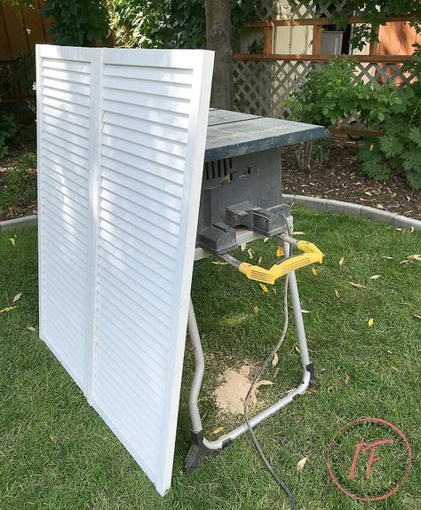 Repurposed Louvered Door Utility Box Cover Diy Outdoor Bar Table, Louvered Door Ideas, Louvered Bifold Doors, House Vents, Utility Ideas, Vinyl Siding House, Repurposed Doors, Louvered Door, Louvre Doors