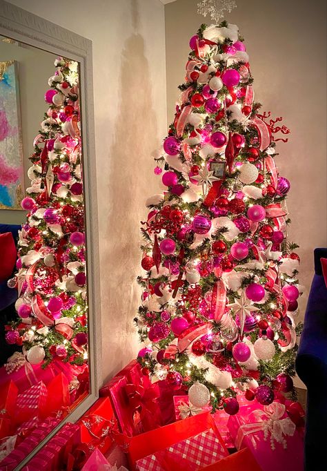 Hot Pink And Red Christmas Tree, Bright Pink Christmas Tree, Cherry Christmas Tree, Pink Red And Green Christmas Tree, Christmas Tree Pink And Red, Fuschia Christmas Tree, Pink Red Green Christmas Tree, Pink And Red Christmas Tree Decorations, Barbie Themed Christmas Tree