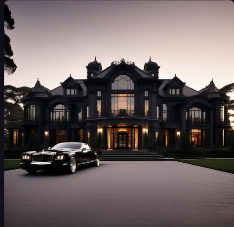 Black Luxury House, Mafia House Aesthetic, Black Modern House, Dark Modern House, Dream House Pictures, Castle House Plans, Mansion Aesthetic, Mansion Exterior, Luxury Houses Mansions