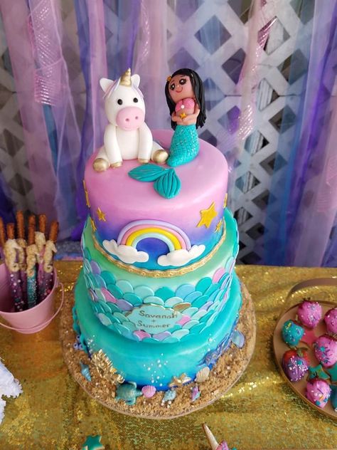 Mermaid unicorn cake Mermicorn Cake Ideas, Mermaid Unicorn Birthday Cake, Unicorn Mermaid Birthday Cake, Unicorn And Mermaid Cake, Mermaid And Unicorn Cake, Rainbow Mermaid Cake, Unicorn Mermaid Cake, Birthday Cake Beach, Cake Unicorn Birthday