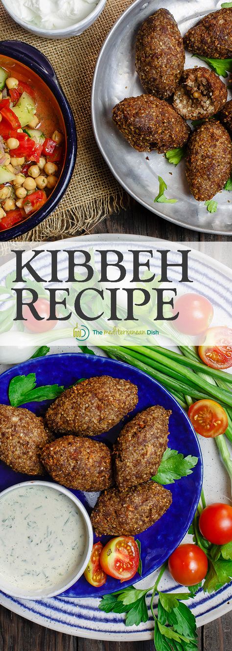 Kibbeh Recipe Tutorial | TheMediterraneanDish.Com. Kibbeh are more than meatballs; they are Middle Eastern croquettes made of bulgur wheat, ground beef or lamb, onions, pine nuts and earthy Middle Eastern spices. They can be fried or baked for the perfect appetizer or side dish. See the authentic recipe and step-by-step tutorial on TheMediterraneanDish.com Kibbeh Recipe, Arabisk Mad, Bulgur Wheat, Syrian Food, Middle East Food, Middle East Recipes, Armenian Recipes, Recipe Tutorial, Middle Eastern Dishes