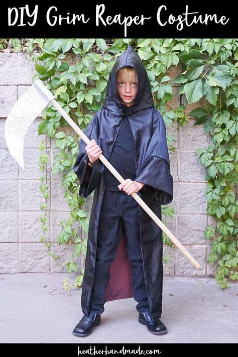 Learn how to make an easy DIY grim reaper costume. Make a simple black cloak, wear black clothes, and add a DIY scythe for a quick costume.

My son asks to be a scary, classic Halloween character almost every year. He’s been a ghost, a vampire, and a werewolf. He has mentioned wanting to be a grim reaper, and I realized it’s one of the easiest costumes to put together.

A DIY grim reaper costume is a black cloak, either purchased or handmade, black clothes and shoes, and a DIY scythe that I made Grim Reaper Costume Pattern, Diy Scythe, Diy Grim Reaper Costume, Diy Grim Reaper, Grim Reaper Costume Kids, Grim Reaper Scythe, Grim Reaper Costume, Reaper Costume, Quick Costumes