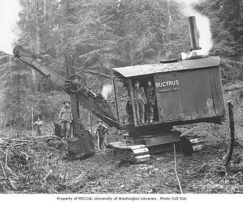 Bucyrus steam shovel and construction crew, Wynooche Timber Company, probably in Grays Harbor County, ca. 1921 Steam Shovel, Grays Harbor, Earth Moving Equipment, Bucket Design, Caterpillar Equipment, Logging Equipment, Traction Engine, Heavy Construction Equipment, Vintage Motorcycle Posters