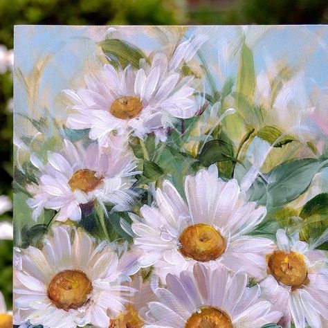 Daisy Paintings Acrylic, Daisy Acrylic Painting, Daisy Landscape, Daisy Paintings, Alissa Kari, Mushroom Paint, Daisy Painting, Square Painting, Picasso Art