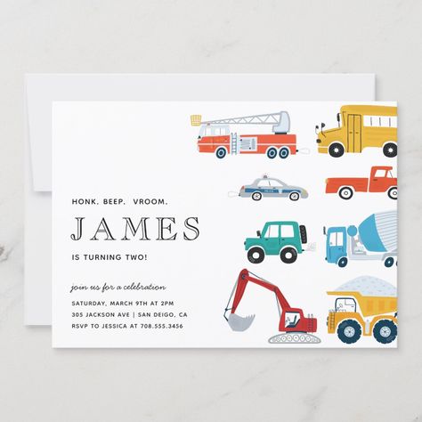 City Transportation Truck Second Birthday Party Invitation City Birthday Party, City Transportation, Transportation Birthday Party, Transportation Birthday, Second Birthday Party, Transportation Theme, 2nd Birthday Invitations, Trucks Birthday Party, Boy Birthday Invitations