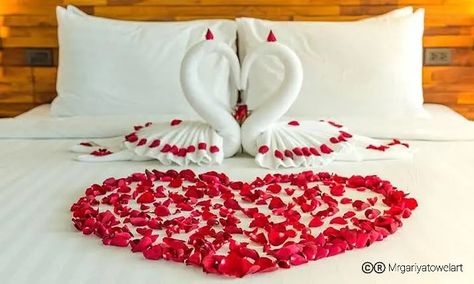 Visit More for video #Romantic #beddecoration Honeymoon Bed, Honeymoon Rooms, Hotel Room Decoration, Valentine Day Table Decorations, Enjoy Weekend, Al Khobar, Romantic Room Decoration, Bedroom Candles, Romantic Bed