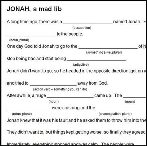 Jonah Mad Lib Jonah Directions : download pdf below; copy; kids complete Supplies : paper, pencils Notes : Christian Mad Libs, Jonah Bible, Book Of Jonah, Church Youth Group, Jonah And The Whale, Church Youth, Mad Libs, Activities For Teens, Printables Free Kids