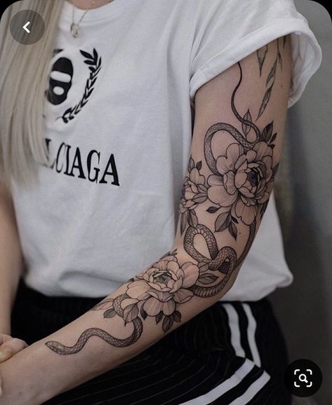 Snake Arm Sleeve Tattoo, Snake Arm Sleeve, Snake And Flowers Tattoo, Arm Sleeve Tattoo, Pretty Flower Tattoos, Snake Tattoo Design, Tattoos For Women Half Sleeve, Floral Tattoo Sleeve, Flower Tattoo Sleeve