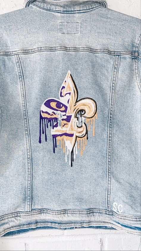 Painted Denim Jacket Football, Jean Jacket Painted Football, Painted Denim Jacket Lsu, Mardi Gras Jean Jacket, Artistic Fitted Hand-painted Denim Jacket, Painted Denim Jacket, Geaux Tigers, Painted Denim, Custom Shoes