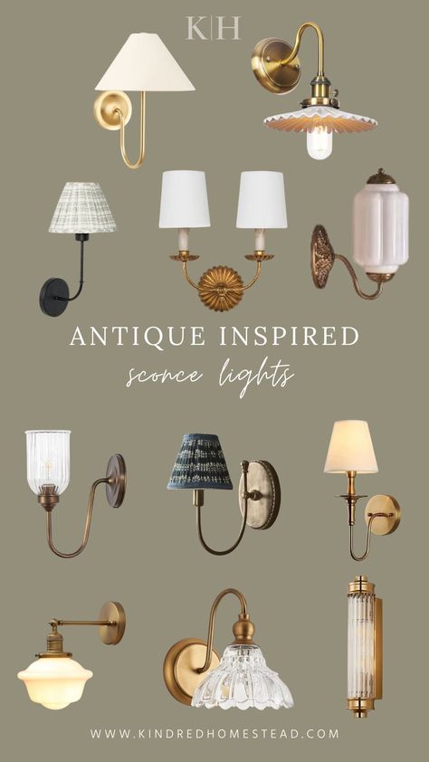 Antique-inspired sconce lights bring a touch of timeless elegance and charm to any space, seamlessly blending historical aesthetics with modern functionality. These lighting fixtures often feature intricate designs, such as ornate metalwork or delicate glass shades, reminiscent of the craftsmanship found in bygone eras. English Tudor Lighting, Sconces Over Shelves, French Bathroom Lighting, French Country Light Fixtures Bathroom, Master Bed With Sconces, Library Light Fixture, Sconces Next To Art, Scones Above Fireplace, Cottage Style Wall Sconces