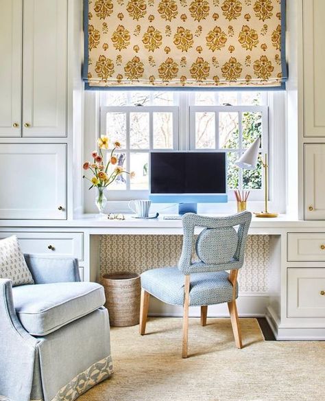 Maddie G Designs on Instagram: "It may be Friday but I am behind on things I need to select for our remodel. Trying to force myself to focus and get things done today. I wouldn’t mind sitting at the computer all day if I could do it in a beautiful space like this office designed by @lizziecullencox (📷 credit @laureywglenn )" Pocket Doors Office, Built In Desk Under Window, Cottage Office Ideas, Pocket Doors Living Room, Office And Den Combo, Library Craft Room, Kitchen Office Nook, Doors Living Room, Nook Office