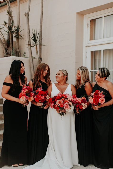 A bright Ebell of Los Angeles wedding full of pink & red blooms Black Bridesmaid Dress Colorful Bouquet, White Black And Pink Wedding, Black Bridesmaid Dresses Red Flowers, Black Bridesmaid Dresses Pink Flowers, Black Bridesmaid Dresses Colored Flowers, Pink And White Wedding Florals, Pink And Black Wedding Theme, Black And Pink Wedding Ideas, Dark Pink Wedding