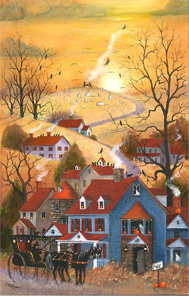 Fall Landscape Painting, Folk Art Paintings, Christmas And Halloween, Halloween Folk Art, Americana Art, Fall Landscape, Painting Christmas, Halloween Artwork, Autumn Scenes