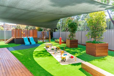 An outdoor childcare sheltered by blackish grey sail shades and has grass floor. There is platform connected to the two blue slides in the back and in front there is a rectangular sandpit. Preschool Room Layout, Daycare Center Ideas, Daycare Room Design, Preschool Montessori, Learning Preschool, Reggio Emilia Approach, Daycare Design, Childcare Business, Preschool Rooms