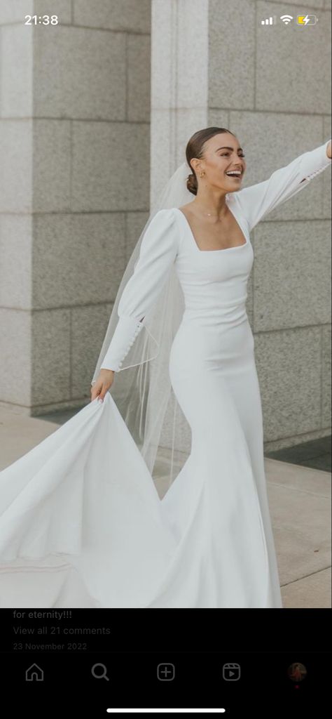 Long Plain Wedding Dress, Flat White Wedding Dress, Classic Slim Wedding Dress, Long Sleeve Scoop Neck Wedding Dress, Simple Longsleeves Wedding Dress, Solid Satin Wedding Dress, Timeless Wedding Dress Elegant Sleeves, Wedding Dresses Fitted With Sleeves, Sleek Long Sleeve Wedding Dress