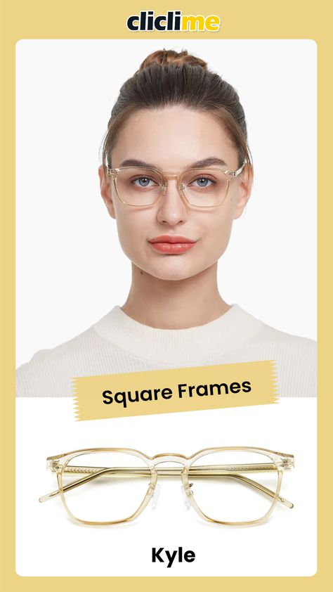 This fresh, square-shaped frame in translucent champagne is a stunning and stylish complement to your wardrobe. Kyle’s lightweight material will be easy on your nose bridge, and the adjustable nose pads provide comfort for any face shape. #glasses #eyeglasses #eyewear #cliclime #eyeglasses frames Face Shape Glasses, Frames For Glasses, Best Eyeglasses, Square Eyeglasses, Square Faces, Nose Bridge, Prescription Eyeglasses, Face Shape, Eye Glasses