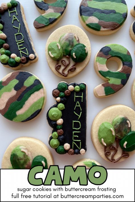 Learn how to make decorated camo cookies using buttercream frosting with this easy to follow step-by-step tutorial. You'll learn my fool-proof method of how to smooth buttercream sugar cookies, gain access to my sugar cookie and buttercream recipes, and how to make camouflage icing. You do not need to use royal icing to create a camouflage cookie! Find all of this and more at buttercreamparties.com. Camo Cookies Decorated, Army Cookies, Camo Cookies, Crusting Buttercream Recipe, Sugar Cookie Recipe Easy, Buttercream Decorating, Icing Design, Buttercream Frosting Recipe, Iced Sugar Cookies